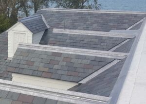 Grey slate roofing material on a home